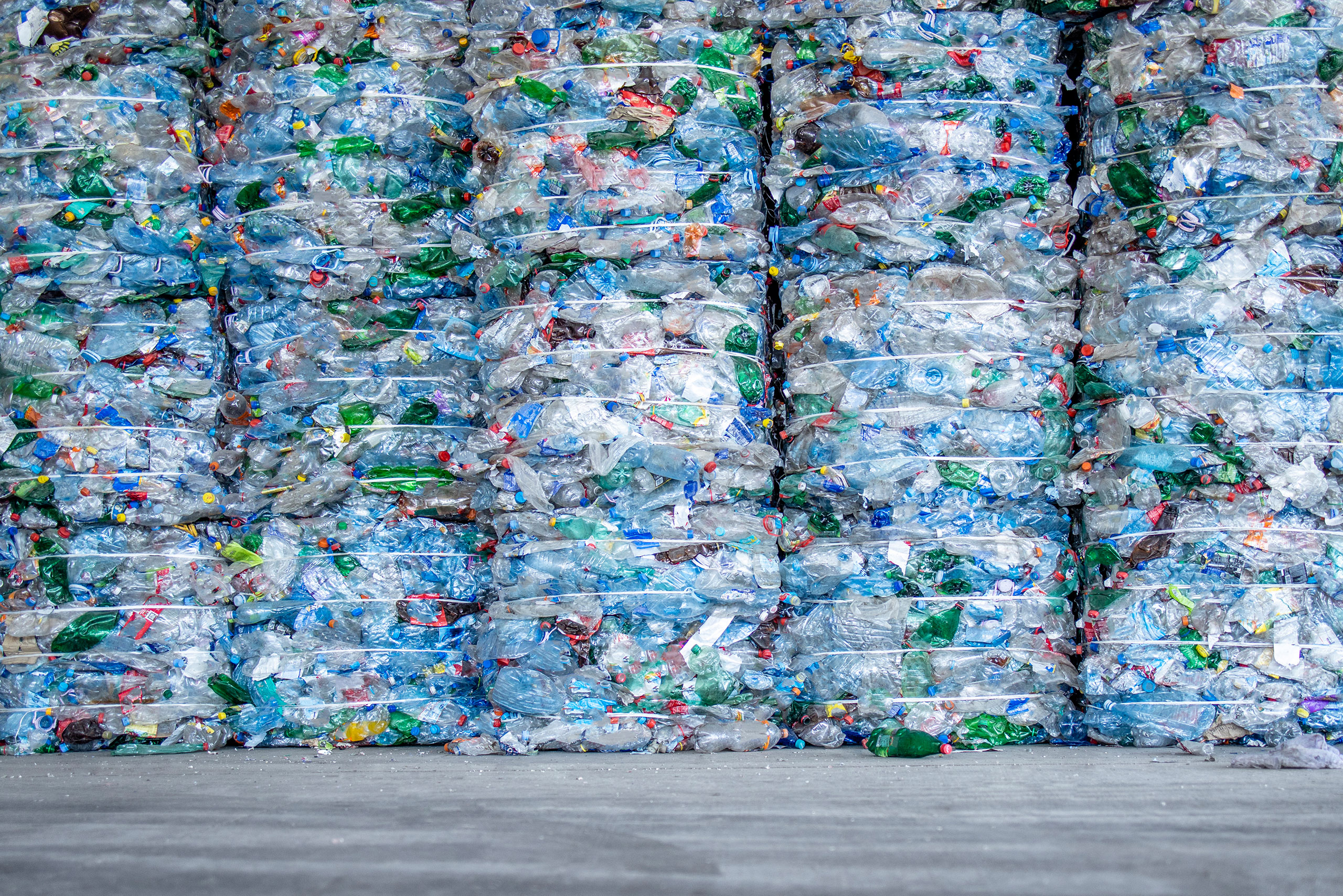 An image of a large amount of compressed PET for bottles recycling